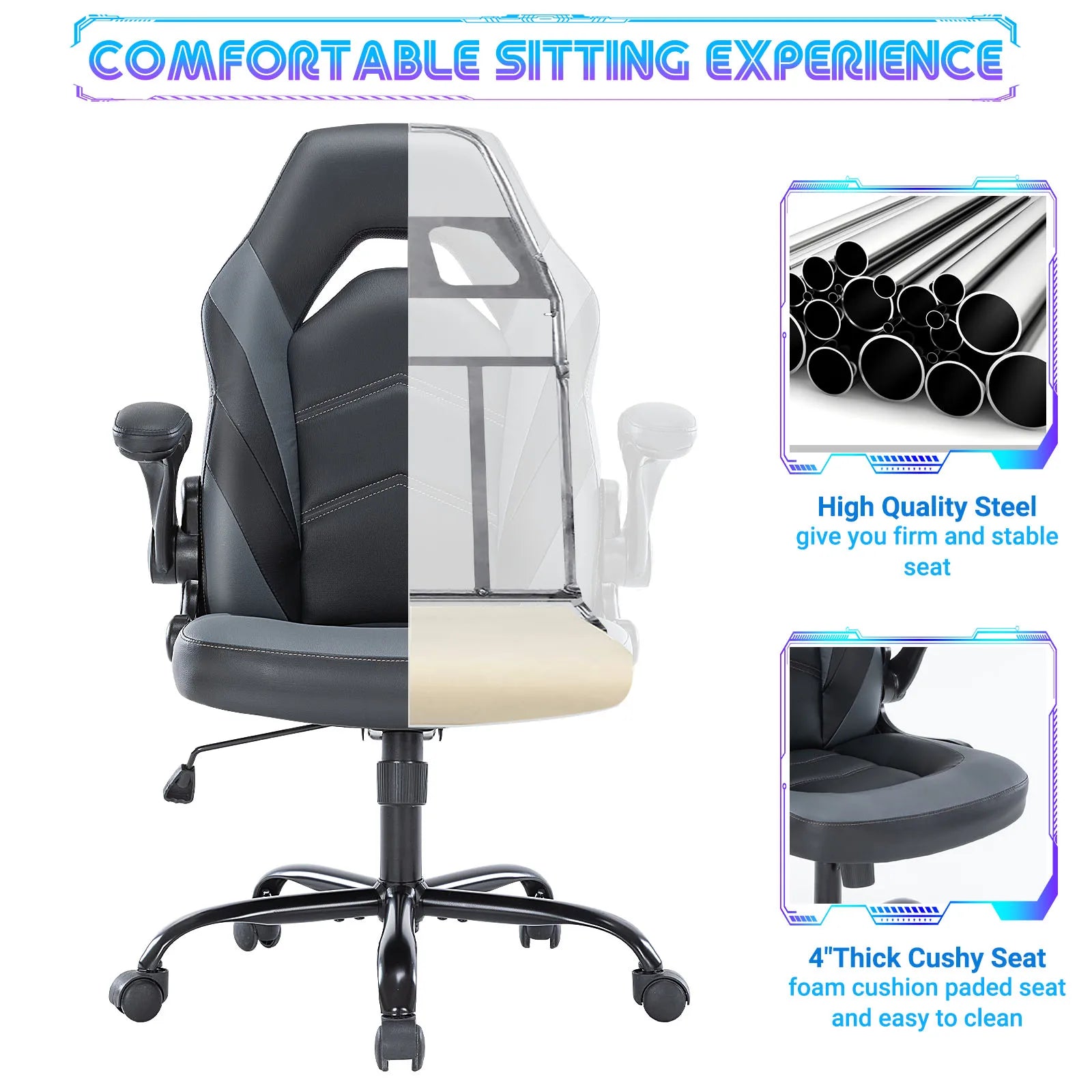 PU Leather Ergonomic Gaming Chair with Flip-up Arms