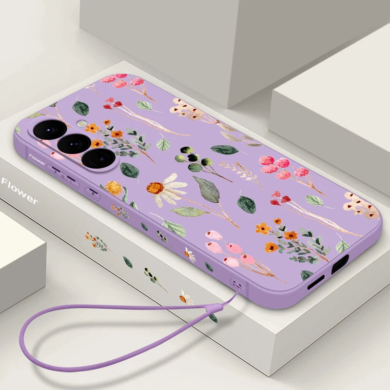 Luxury Flower Print Lanyard Case For Samsung Galaxy S24