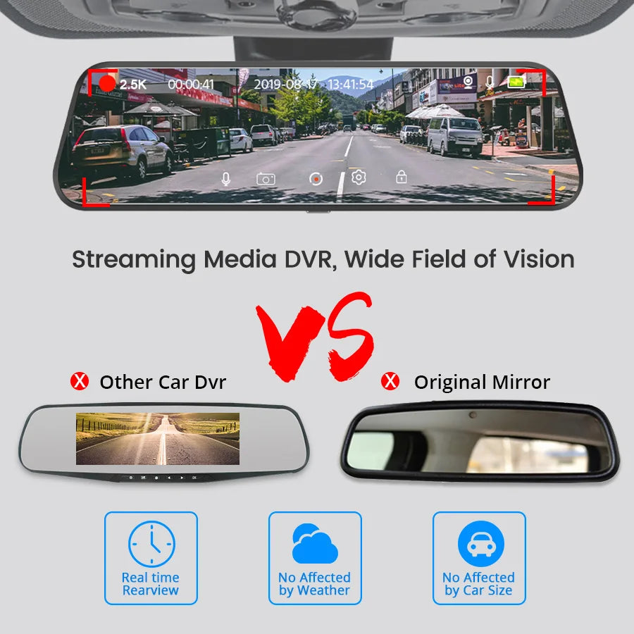 10" 2.5K Car Dash Cam with Rear Camera