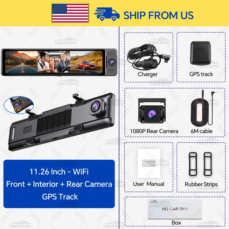 11.26" 3-Camera 4K+1080P Car DVR Cam