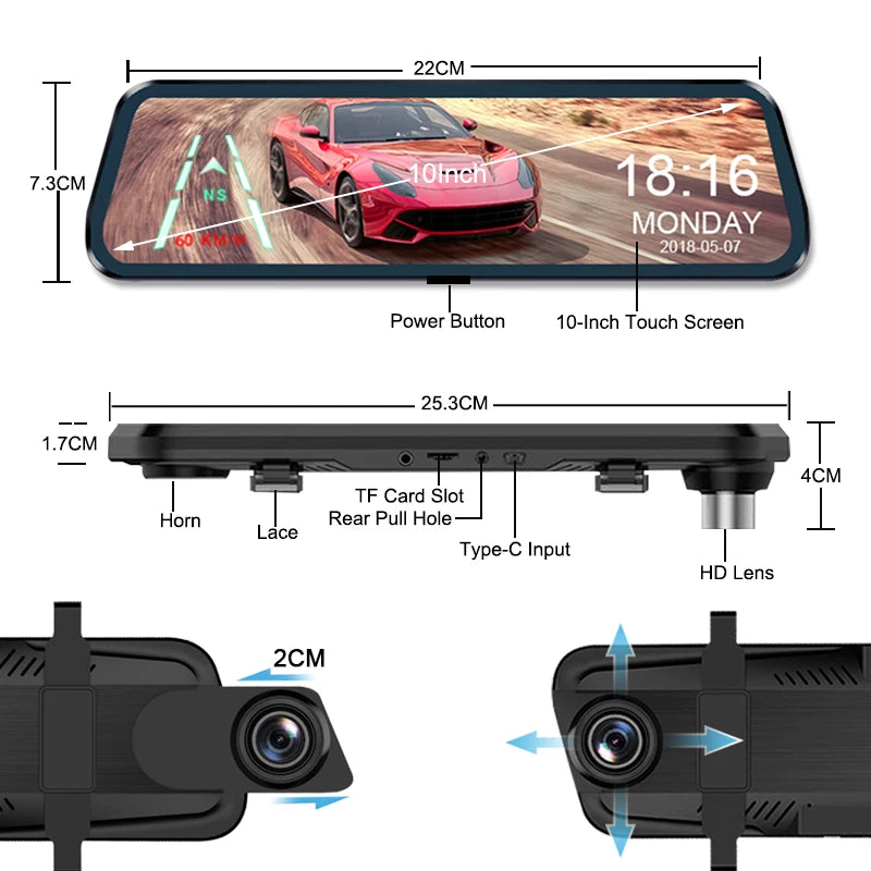 10" 2.5K Car Dash Cam with Rear Camera