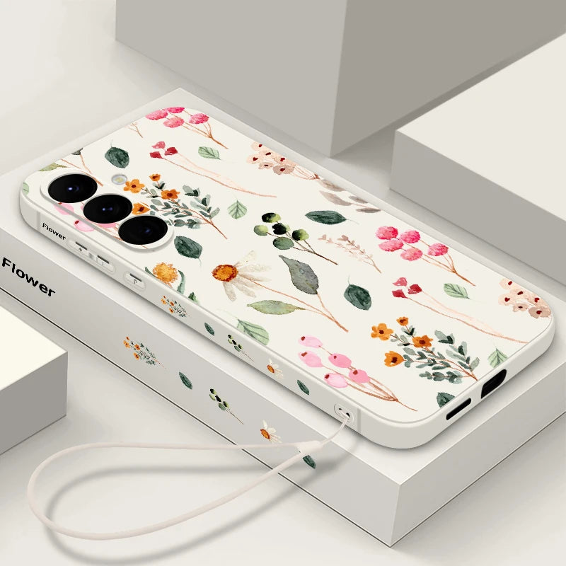 Luxury Flower Print Lanyard Case For Samsung Galaxy S24