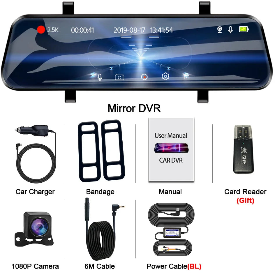 10" 2.5K Car Dash Cam with Rear Camera