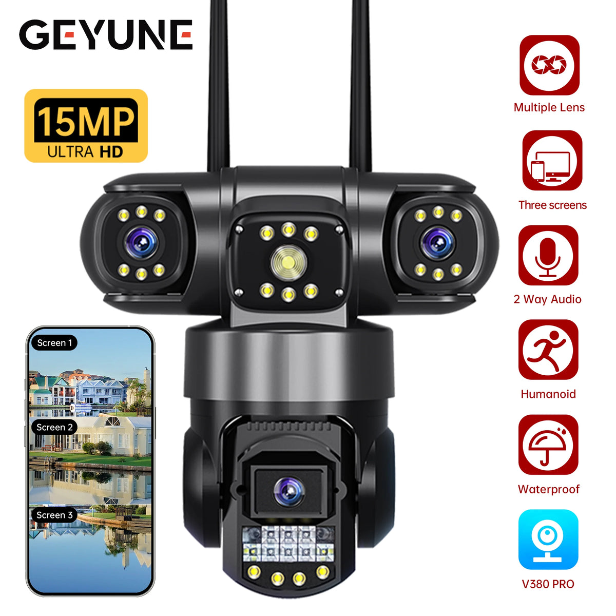 15MP Three Lens Three Screens Outdoor Camera