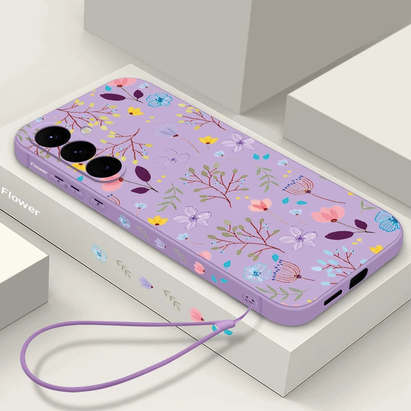 Luxury Flower Print Lanyard Case For Samsung Galaxy S24
