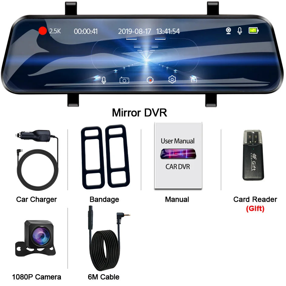10" 2.5K Car Dash Cam with Rear Camera