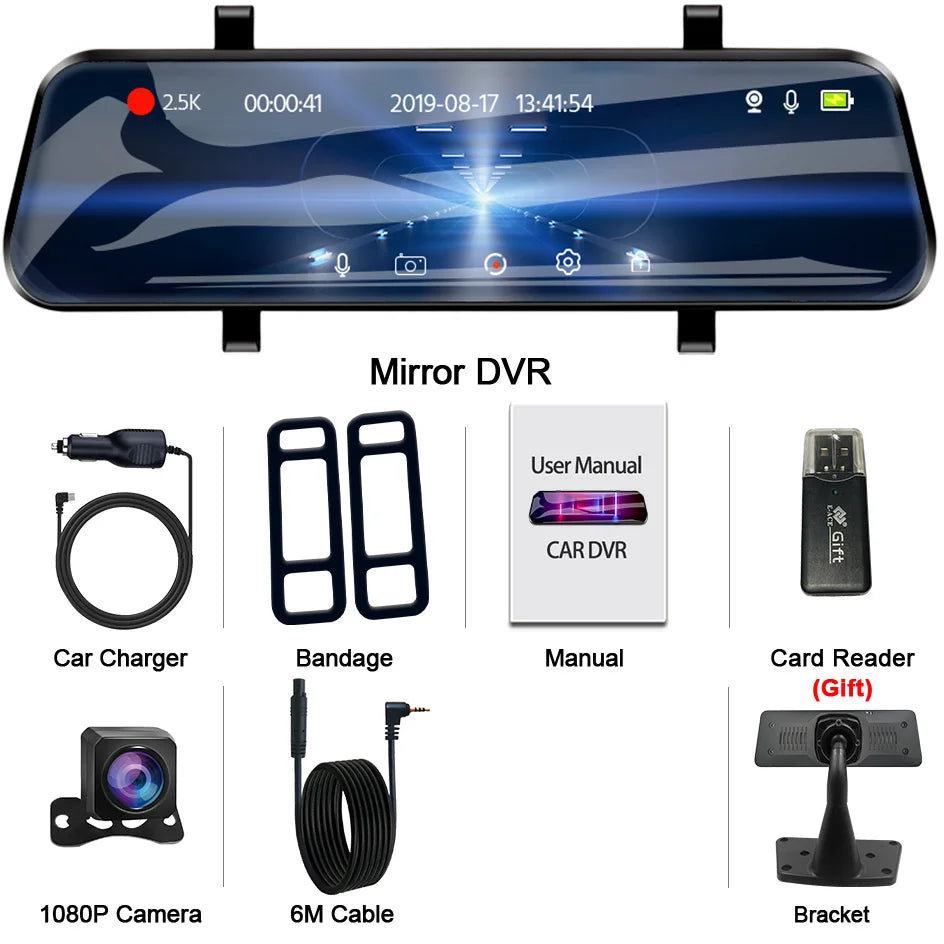10" 2.5K Car Dash Cam with Rear Camera