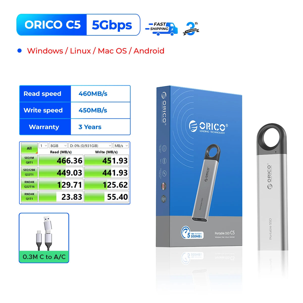 1TB Mini Portable External SSD 1050MB/s