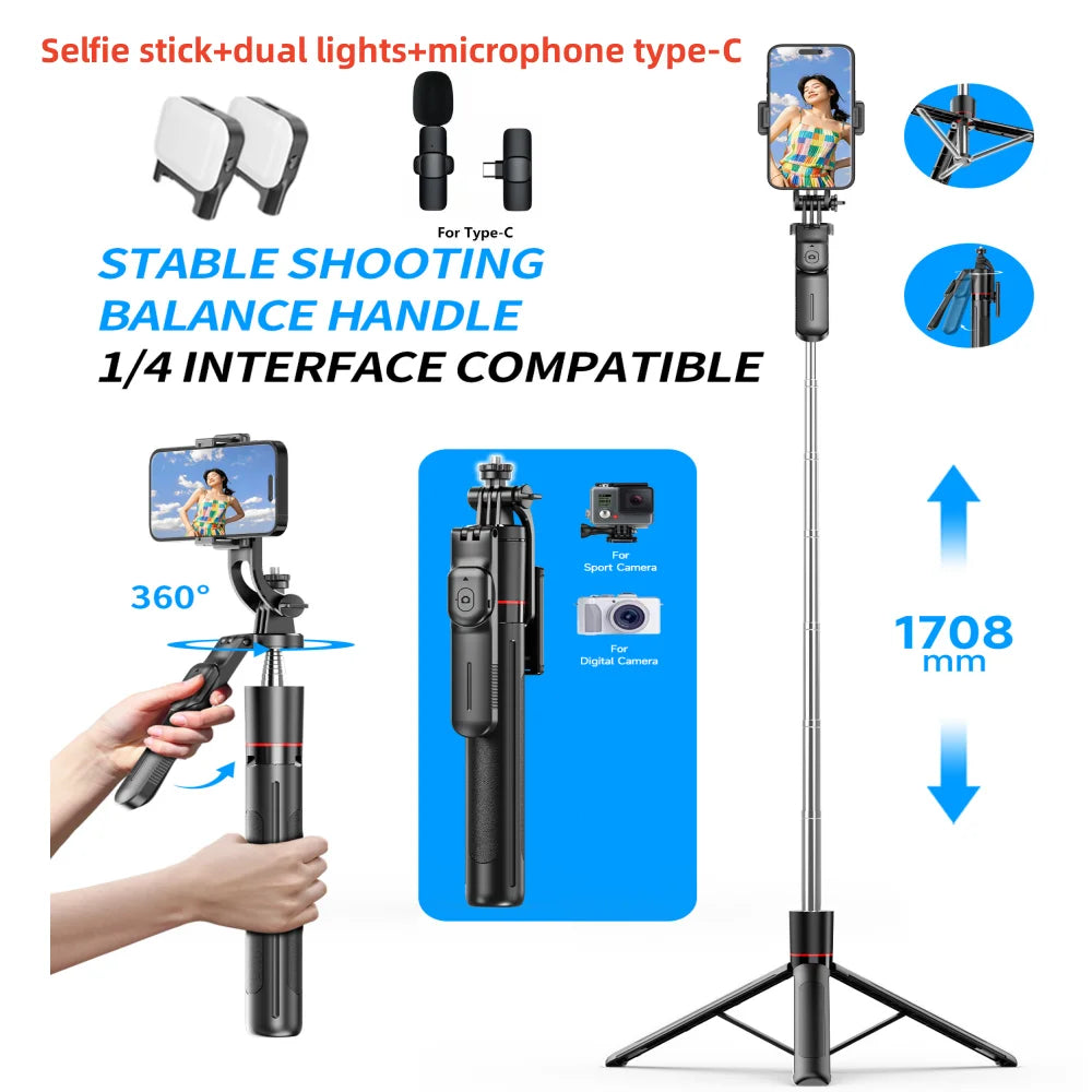 1708mm Selfie Stick Tripod with Light